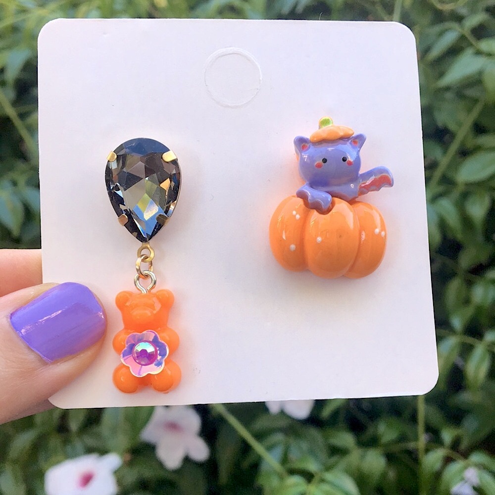 Black Diamond Crystal, Gummy Bear + Cat Pumpkin Halloween Drop Earrings View 2